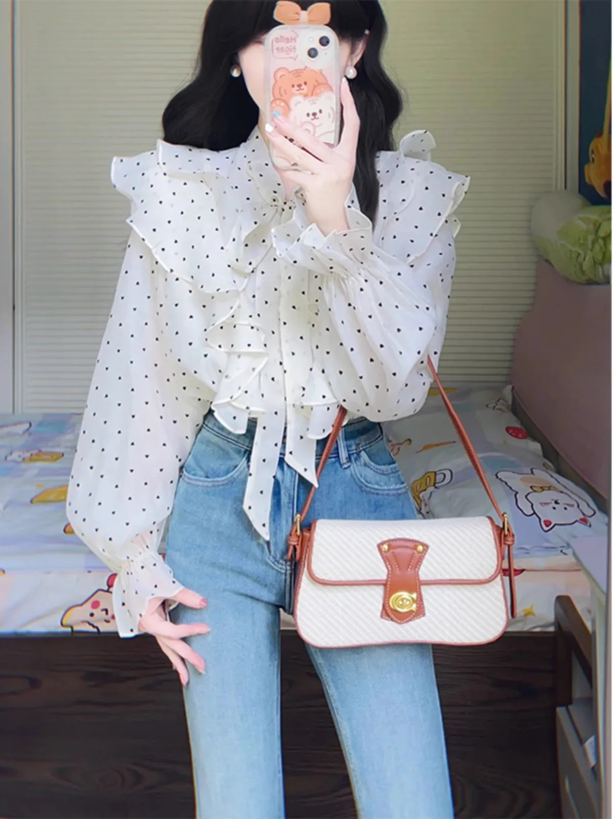 

Autumn Fashion Large Size Sister Light Maturity Style Lace Trim Polka Dot Chiffon Top Flared Pants Two Piece Set Korean Style