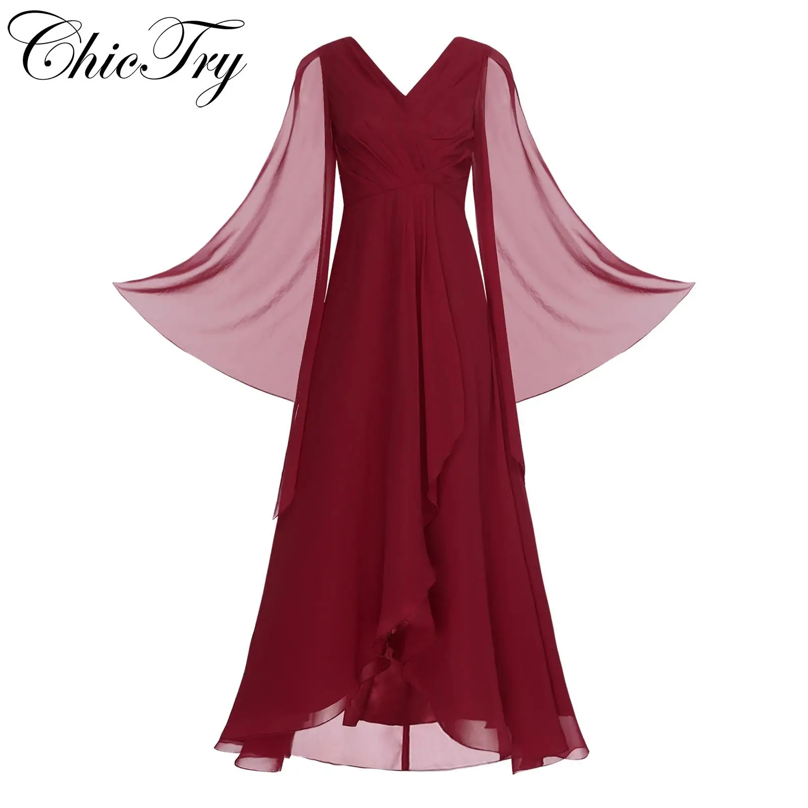 

Womens Bridesmaid Chiffon Summer Dress Elegant V-neck Split High Waist Ruched Irregular Hemline Wedding Party Formal Dresses