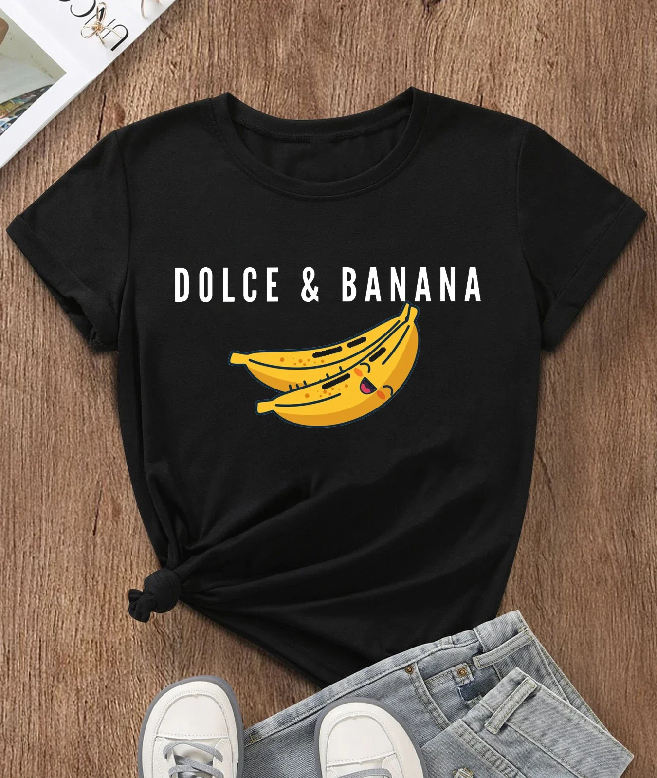 Dolce Banana Fruit Cartoon Print T-Shirt Kawaii Round Neck Tops Summer Comfortable Breathable Female Slim Casual O-neck Tees