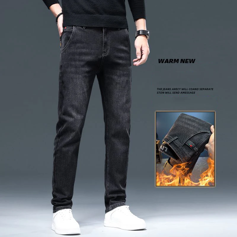 2026 Winter Versatile Thickened Warm Denim Trousers Men Fashion Windproof Straight Leg Pants Classic Business Casual Jeans