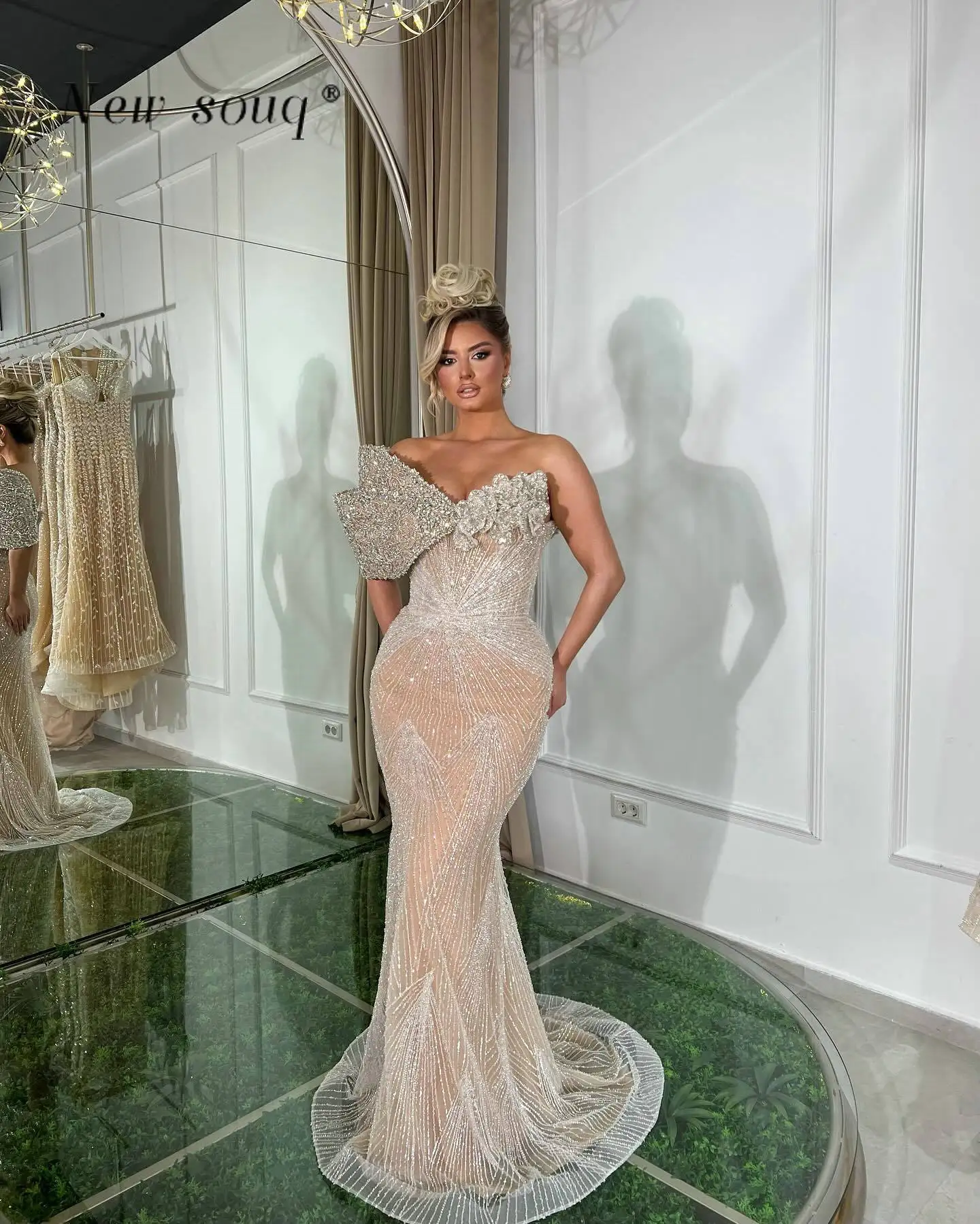 Sparkling Nude Champagne One Shoulder Mermaid Party Dresses 2024 Arabic Sleeveless Long Wedding Evening Gowns Fashion Abiye