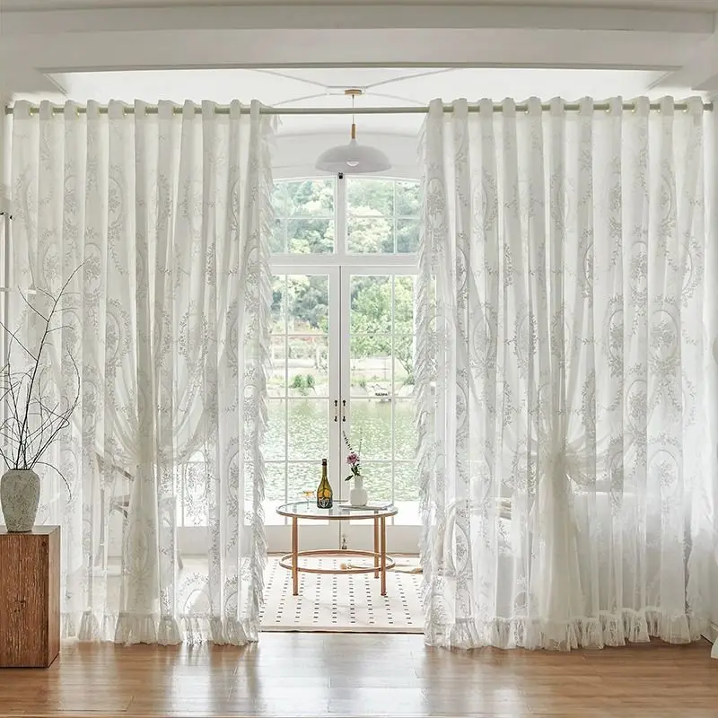 White French Vintage Lace Sheer Curtain Double Layer Window Curtain Light Filtering Non-Transparent for Living Room/Bedroom