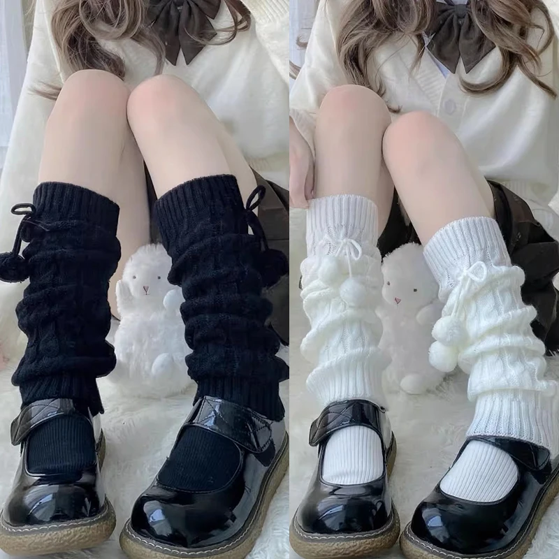 Lolita JK Style jambières femmes filles tricoté chaud couvre-pied blanc noir plus chaud dame automne hiver Crochet chaussette bottes manchettes