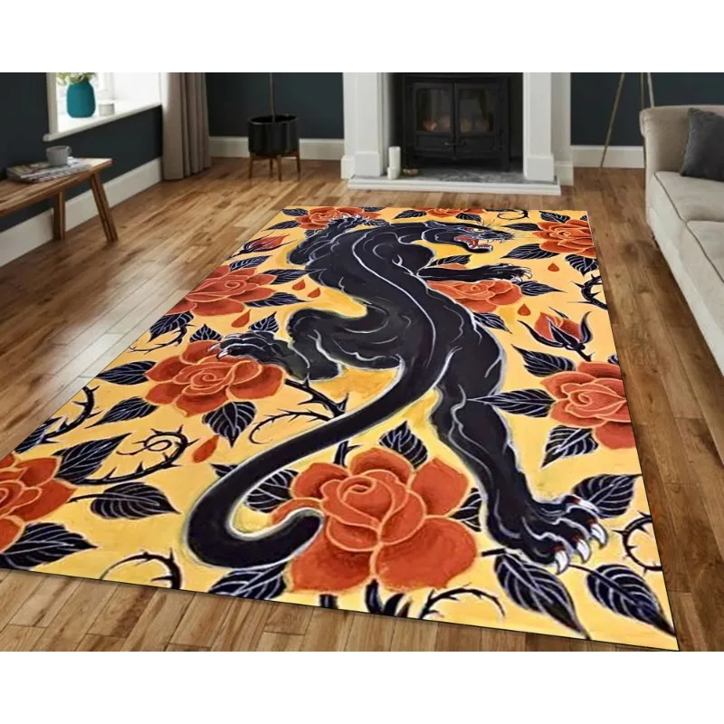 Black Tibetan Tiger Rug Yellow Based Orange Rose Themed Eclectic Animal Mythological Carpet Primitive Bedroom Kitchen Area Rugs