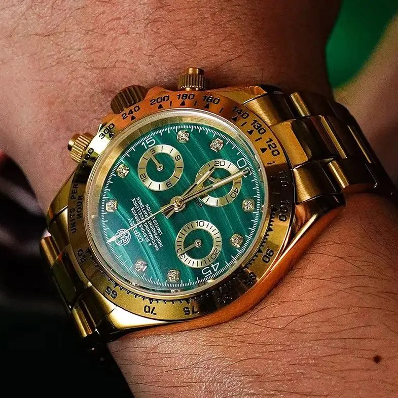 OKPLAY Men Chronograph Watch 39.5mm Luxury Gold Quartz Wristwatch Sapphire 100M Waterproof VK63