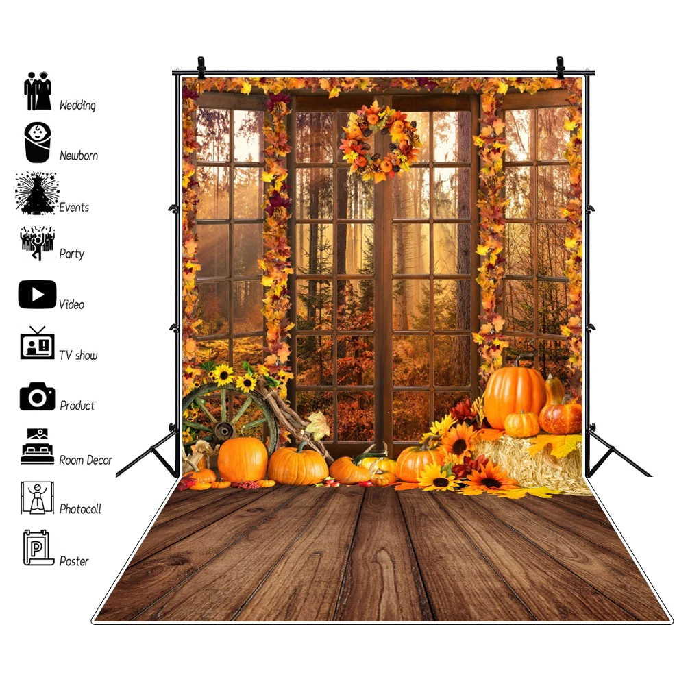 Halloween Bat Photography Backdrop Brown Wood Floor Autumn Fall Hay Pumpkin Maple Leaves Baby Portrait Photographic Background