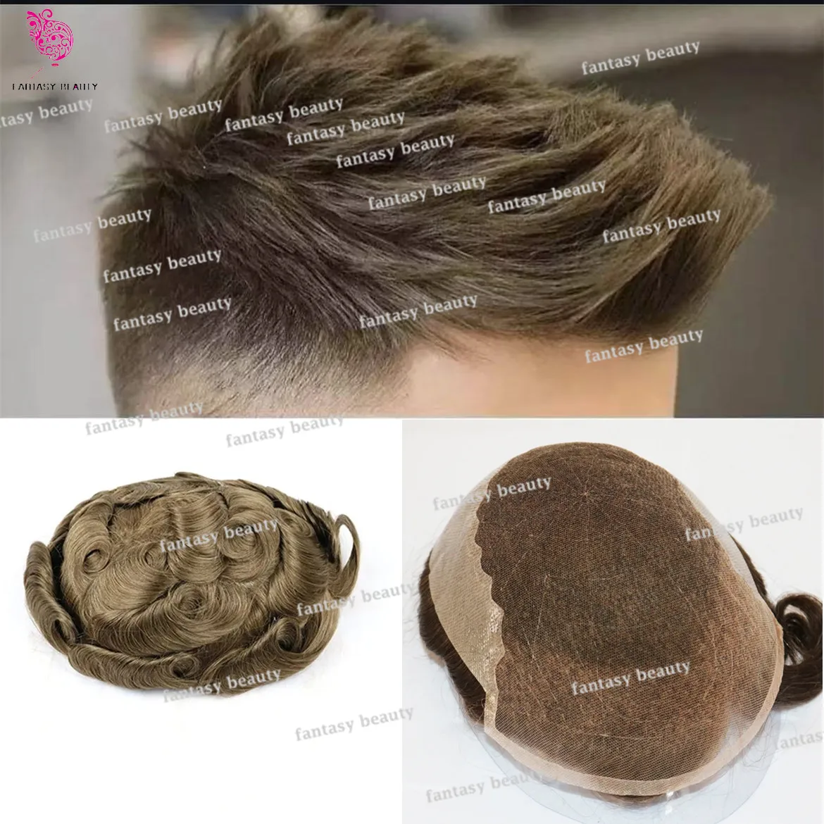 เส้นผมธรรมชาติ Mens Toupee ผมชิ้น Q6 ลูกไม้สวิสและ PU มนุษย์ผมสีบลอนด์สีดํา Breathable Bleach BUCKLE Capillary Prosthesis