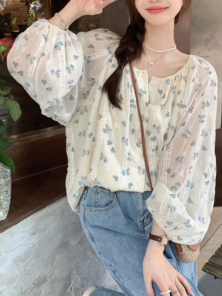 

Floral Print Chiffon Blouses Women Elegant Sweet Lantern Sleeve Shirts Female Summer Korean Fashion Casual Single Breasted Tops