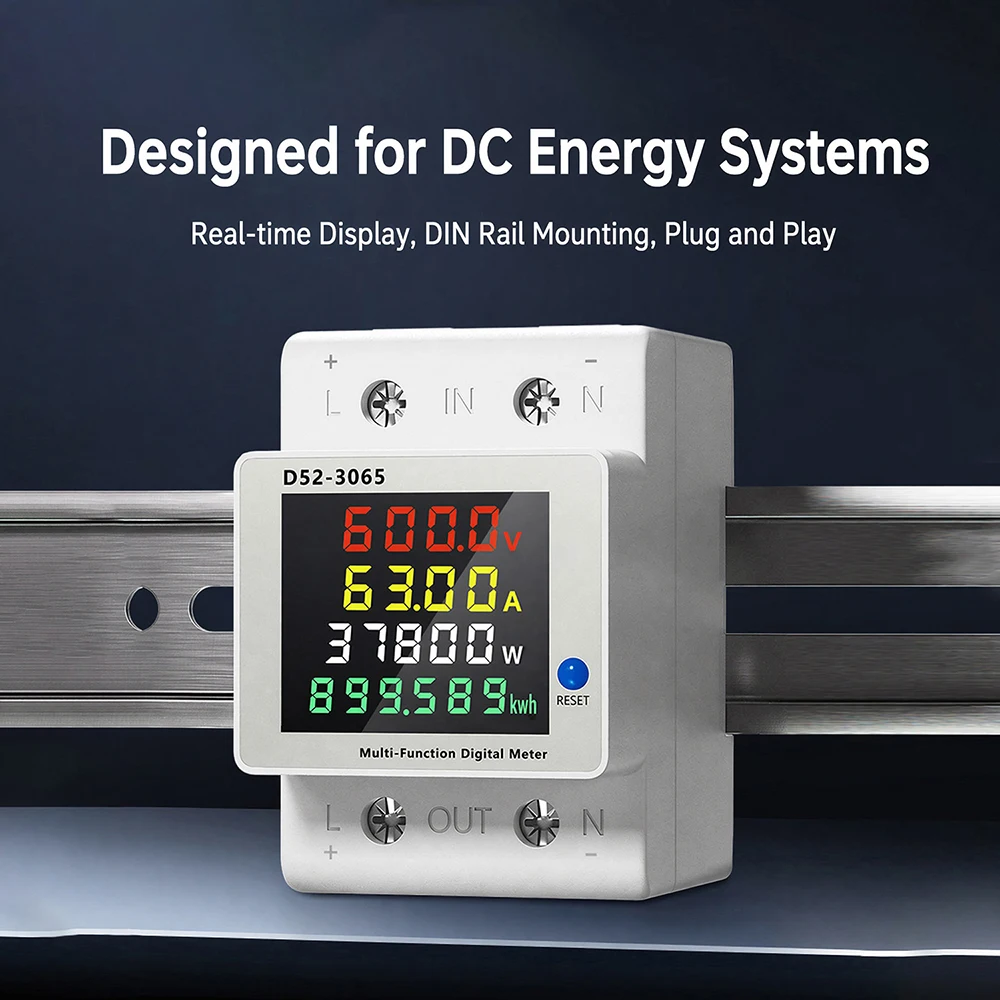 D52-3065/D52-1563 DC Power Meter 4-in-1 Din-Rail Multi‑Function Single-Phase 63A LCD Voltage Current Energy Consumption Monitor