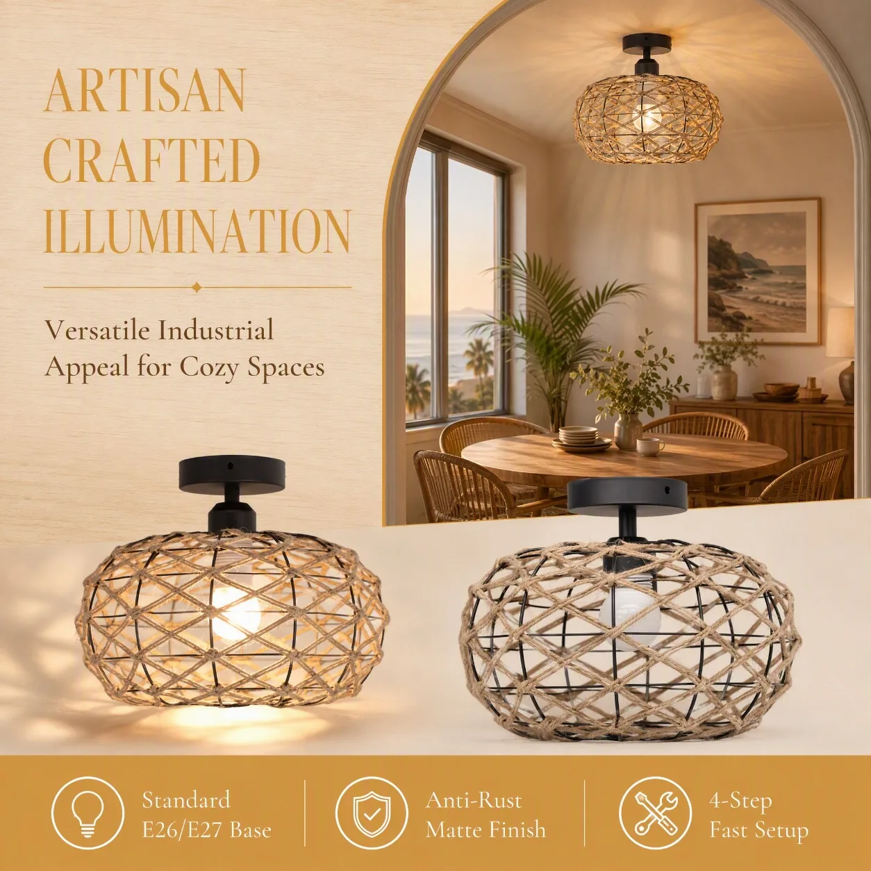 JOYINLED Hemp Rope Lampshade 30CM Vintage Woven Light Shade Replacement Cover for E27 Pendant Ceiling Lamp Boho Farmhouse Decor