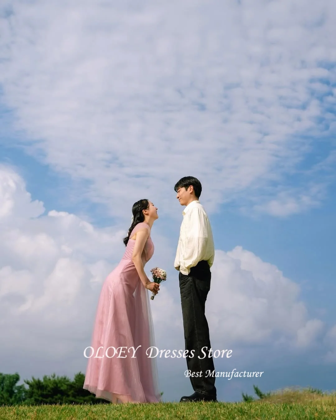 فساتين OLOEY بسيطة بطول الأرض للحفلات الراقصة من التول للحفلات المسائية بدون أكتاف فساتين زفاف كورية لالتقاط الصور حسب الطلب