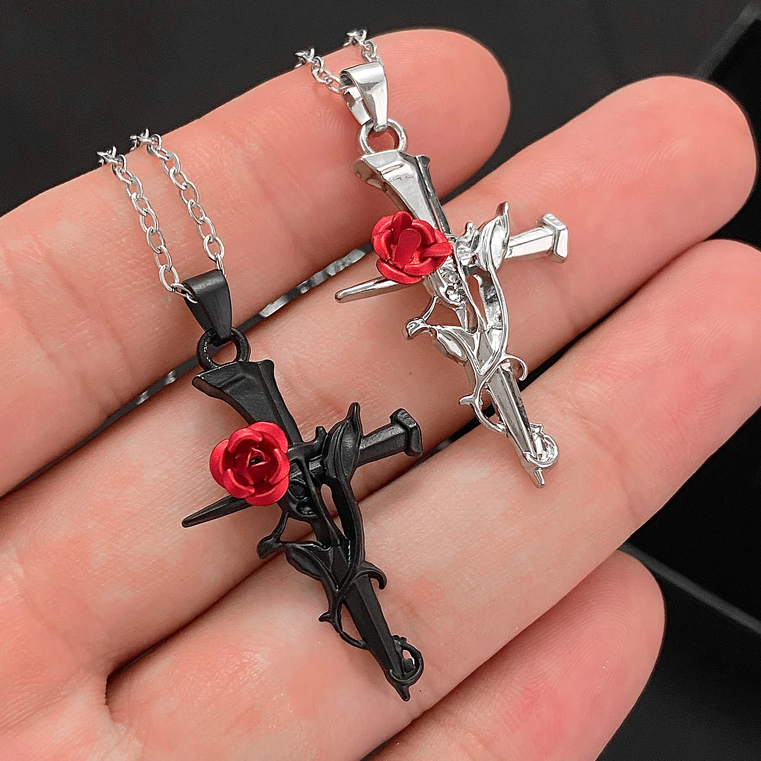Goth Thorn Rose Cross Necklace for Women Gothic Jewelry Steampunk Charms Necklaces&Pendants Choker Collares Accessories Gifts
