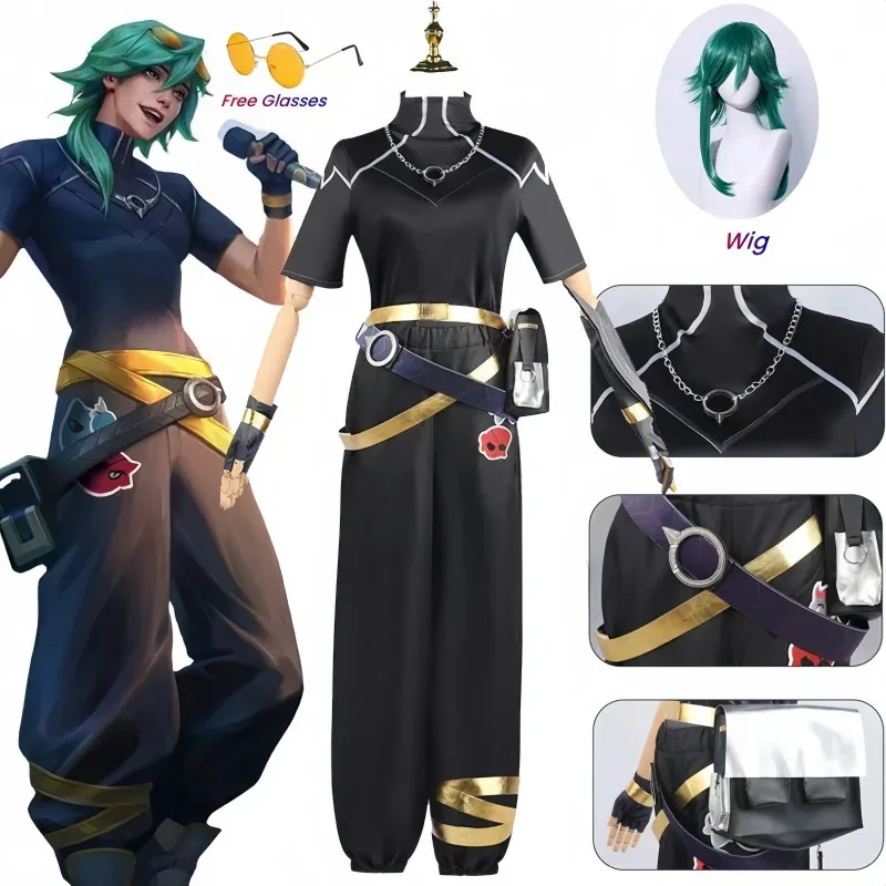 ROLECOS Game LOL HEARTSTEEL Ezreal أزياء تنكرية LOL HEARTSTEEL GQ Ezreal بدلة سوداء للجنسين للهالوين مجموعة كاملة مع نظارات