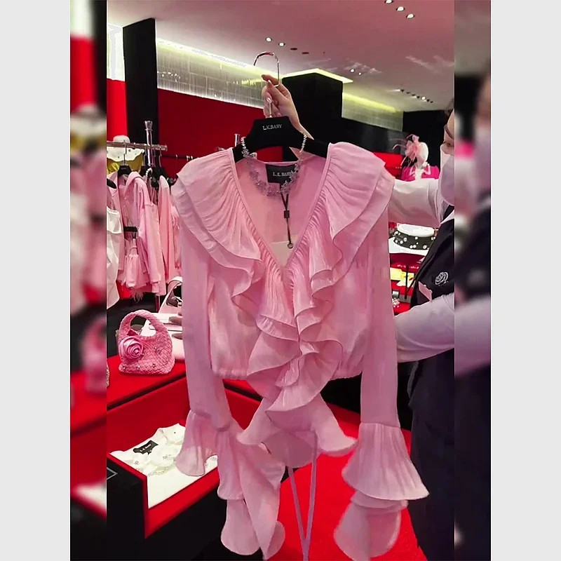 

2025 New Summer V-neck Shirt Women Fashion Chic Ruffled Flare Sleeve Long Sleeve Female Tops Casual Slimming Pink Womens Blouses