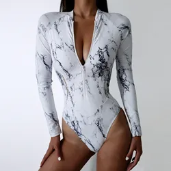 Lady Summer Print Zipper One Piece Swimsuit Closed Long Sleeve Swimwear Sports Surfing Women'S Swimming Bathing Beach Bather