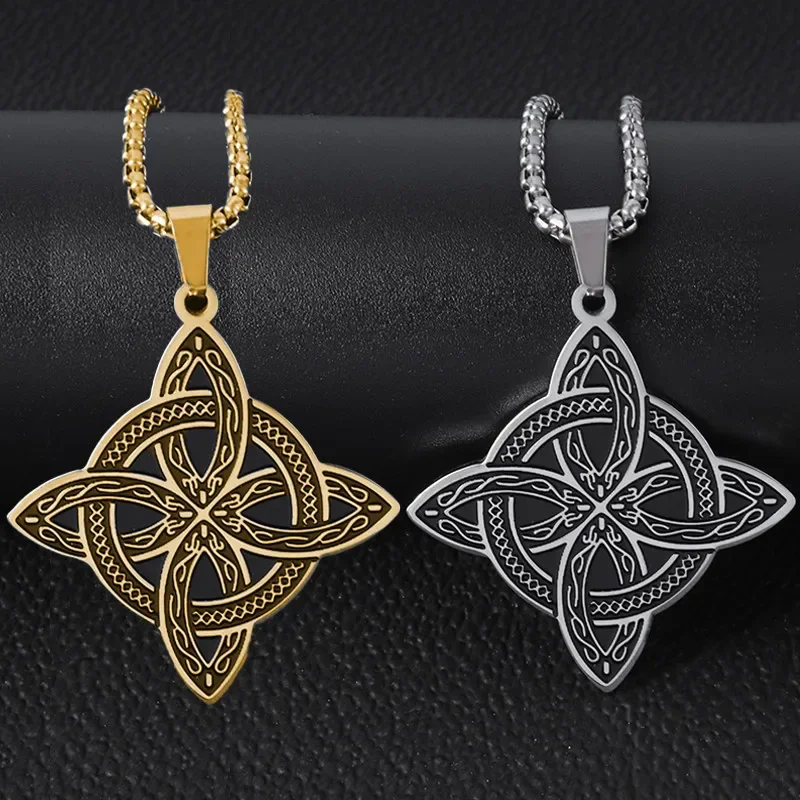 Silver Color Stainless Steel Pattern Witch Knot Pendant Necklace Celtic Knot Lucky Jewelry Christmas Gift for Friends Family