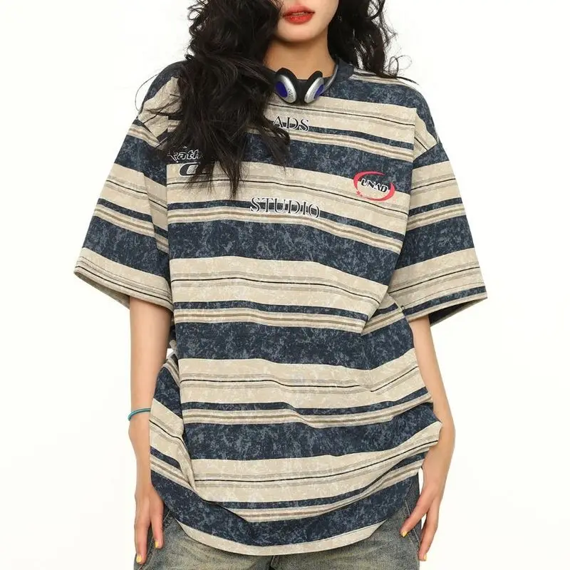 

O-neck T-shirts Men Summer Half Sleeve Tees Fashion All-match Striped Contrast Color Simple Daily American Style Vintage Chic