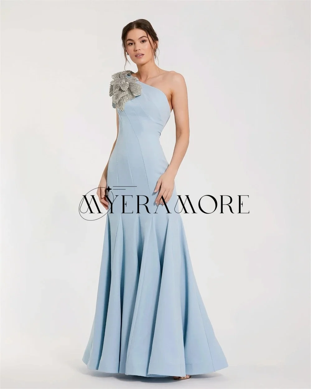 

Elegant Beaded Flowers Evening Dresses Blue One-Shoulder Mermaid Ruffle Prom Dresses Customized robes de soirée