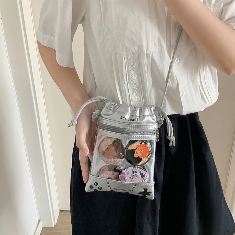 Japanese Drawstring Pu Bag Small Mobile Phone Bags 10cm Doll Bag Ltabag Girl Cute Going Out Mini Messenger Bag Woman