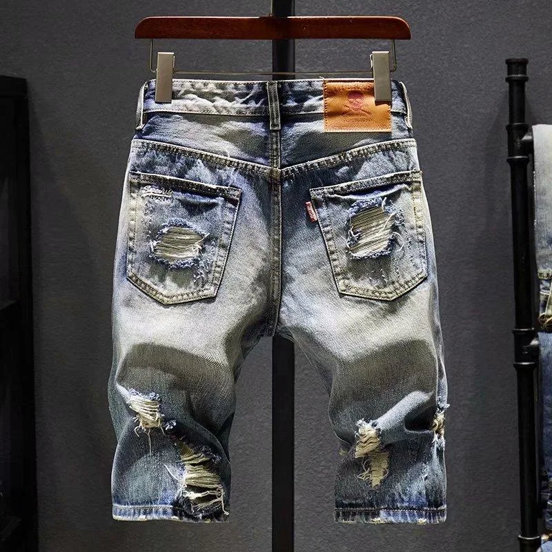 2025 صيف جديد موضة الاتجاه مستقيم الساق خمر ممزق الدينيم السراويل الرجال عادية فضفاض الرياضة عالية الجودة حجم كبير السراويل #4