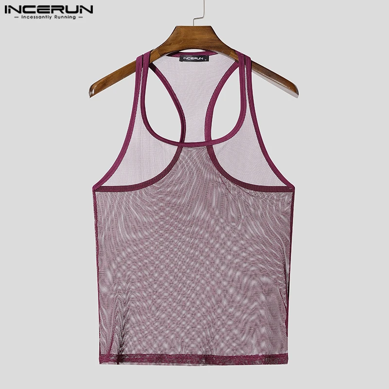INCERUN Herren Mesh-Tanktops Lässige Einfarbige U-Ausschnitt Männer Sexy Westen Sommer Ärmellose Tops Attraktive Durchsichtige Herrenbekleidung – Detail 10