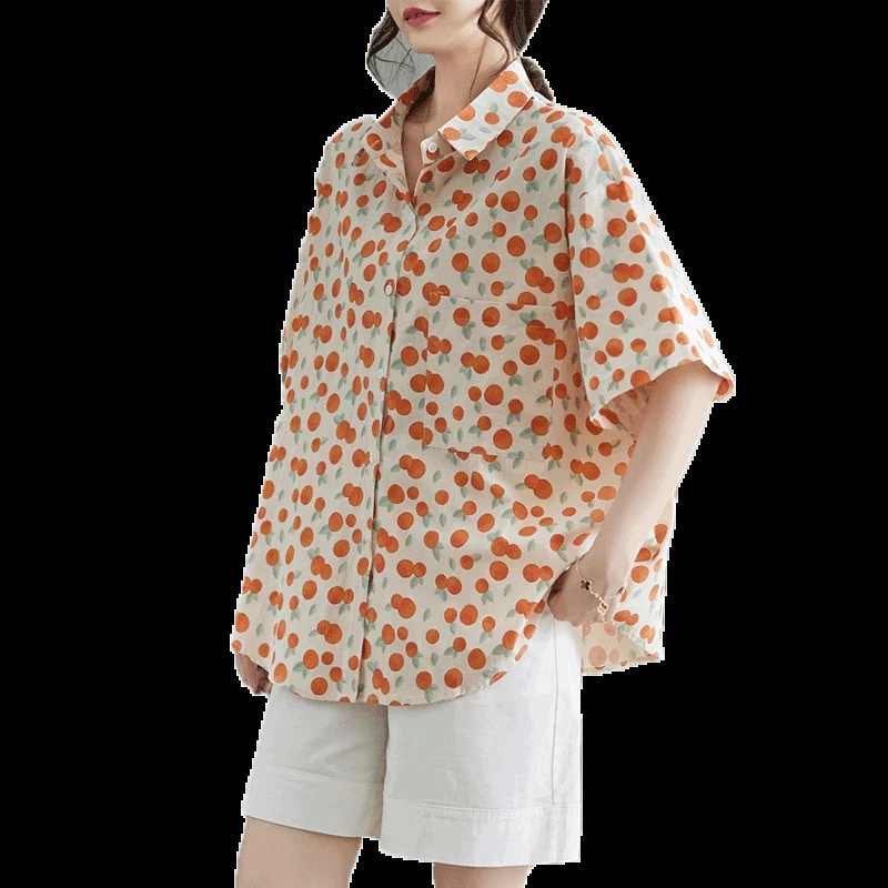 Summer Fresh Style Breathable Orange Printed Shirts Polo Collar Shorts Sleeved For Women Thin Beach Holiday Casual Female Tops