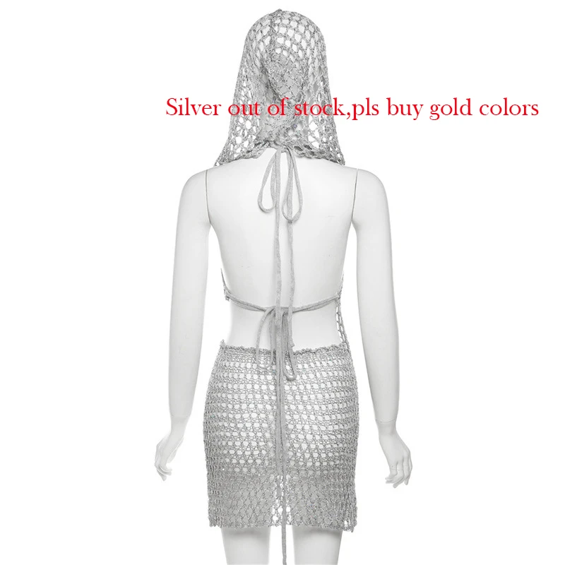 Gtpdpllt Y2k Sexy Two Piece Set Hollow Out Knit Sequin Hooded Crop Top And Mini Skirt Crochet Rave Festival Outfits For Women