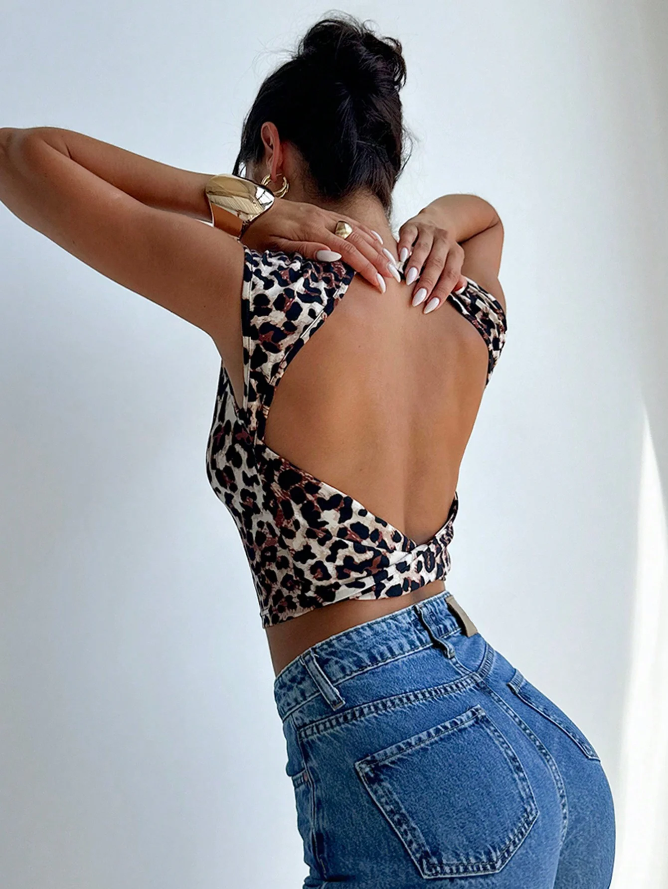 Leopard-print kink hollow outback leopard-print women short jacket sexy navel short vest short T-shirt shopping trend street