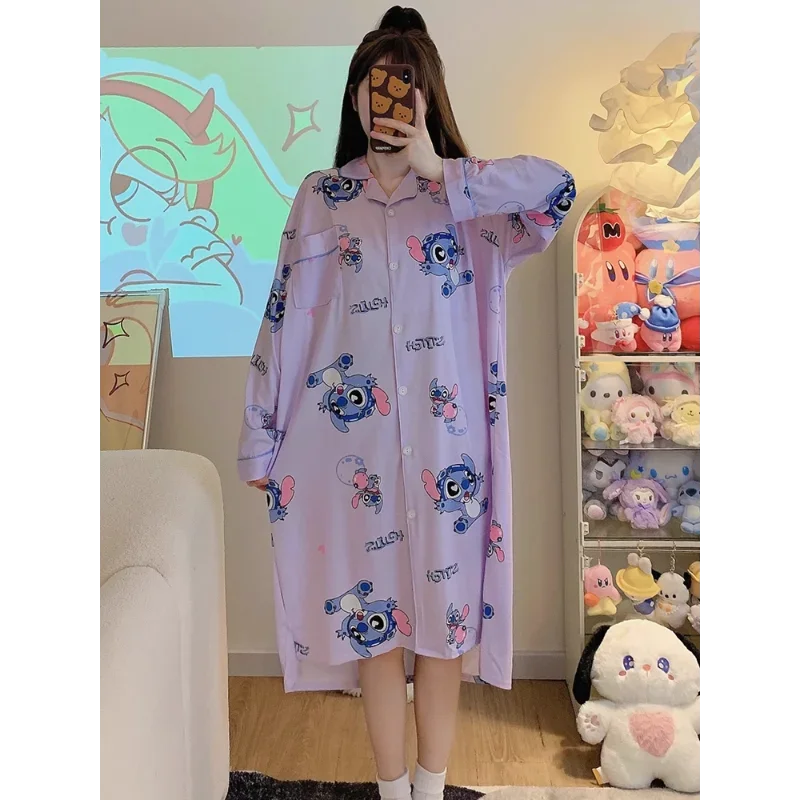 Disney Stitch Pajama Autumn Long Sleeve Lapel Women's Skirt Ice Silk Loose Cardigan Silk Pajamas Women's Loungewear Long Dress