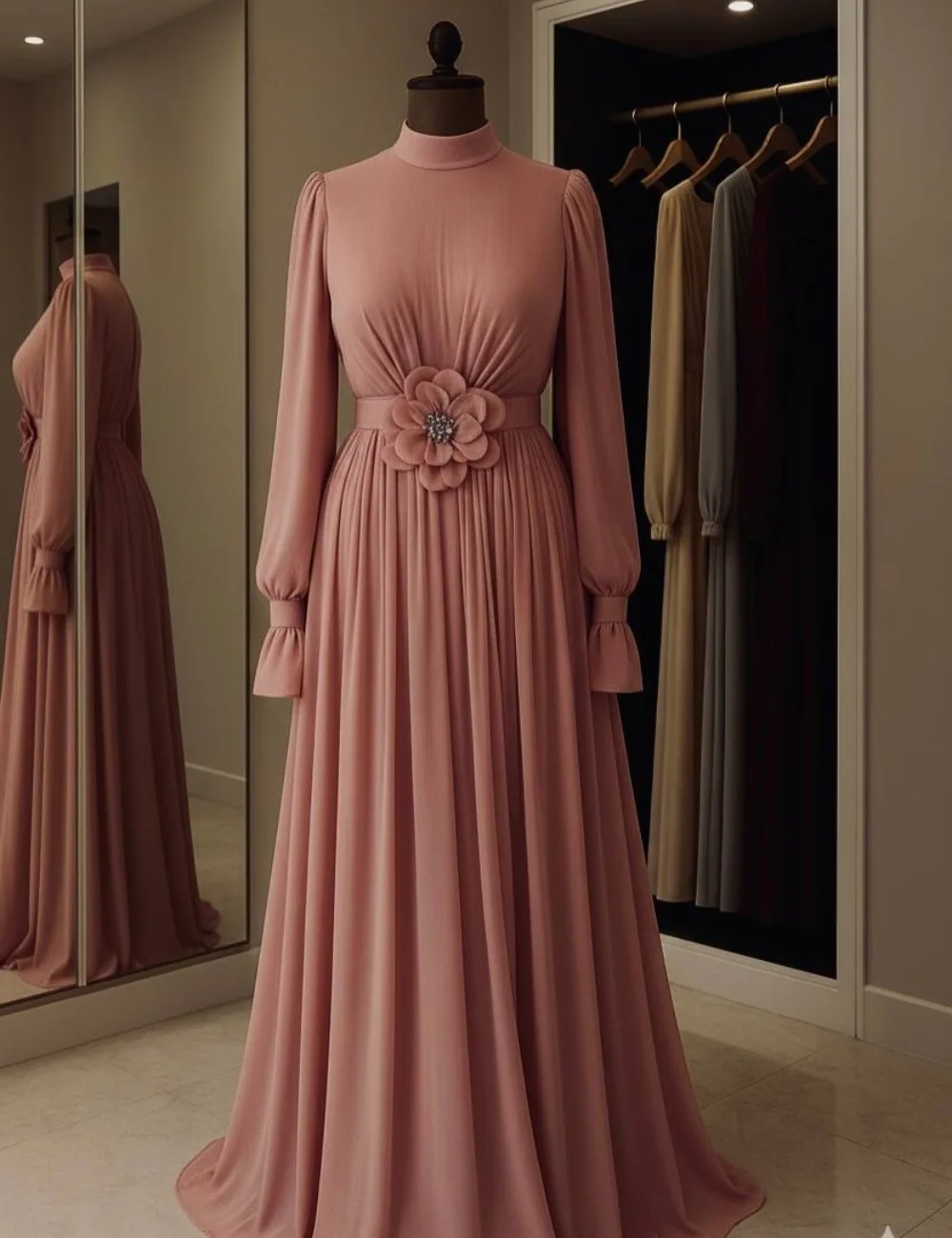 Customized Retro Pastrol Chiffon Handmade Flower Sash Pleat Rhinestone A-line High Collar Long Dresses Evening Dresses Formal
