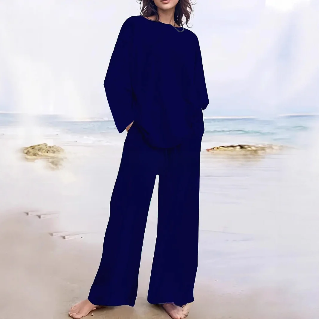 

Хлопково-льняной однотонный комплект из двух предметов, топ с круглым вырезом и длинными рукавами, широкие брюки на шнурке, удобный повседневный художественный стиль