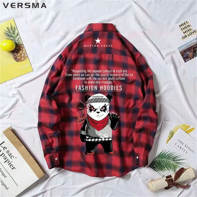 

VERSMA Korean Harajuku Graffiti Printed Checkered Plaid Shirt Men Autumn Hip Hop Streetwear BF Unisex Shirts Women Dropshipping