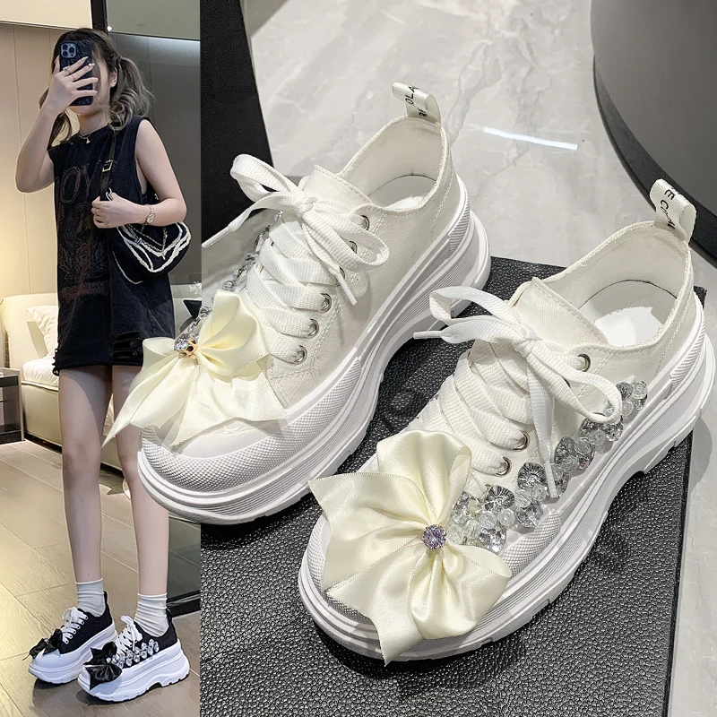 Girls Canvas Shoes Women's Spring/Autumn Casual Shoes Pearl bow Fashion Flat Ribbon Lace-up Comfortable Vulcanized Shoes