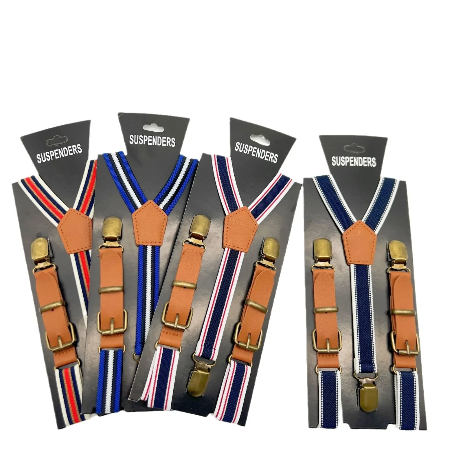 Children's suspenders Old Retro 3 Clips 2cm PU Leather Fashion Striped Elastic Adjustable 1-8 Years Old Boys Girls Baby Straps