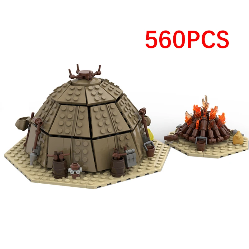 MOC-97196 Classic Film Accessories Tatooine Desert Village Building Blocks Campsite Bonfire House Monster Assembly Model Kid Toy