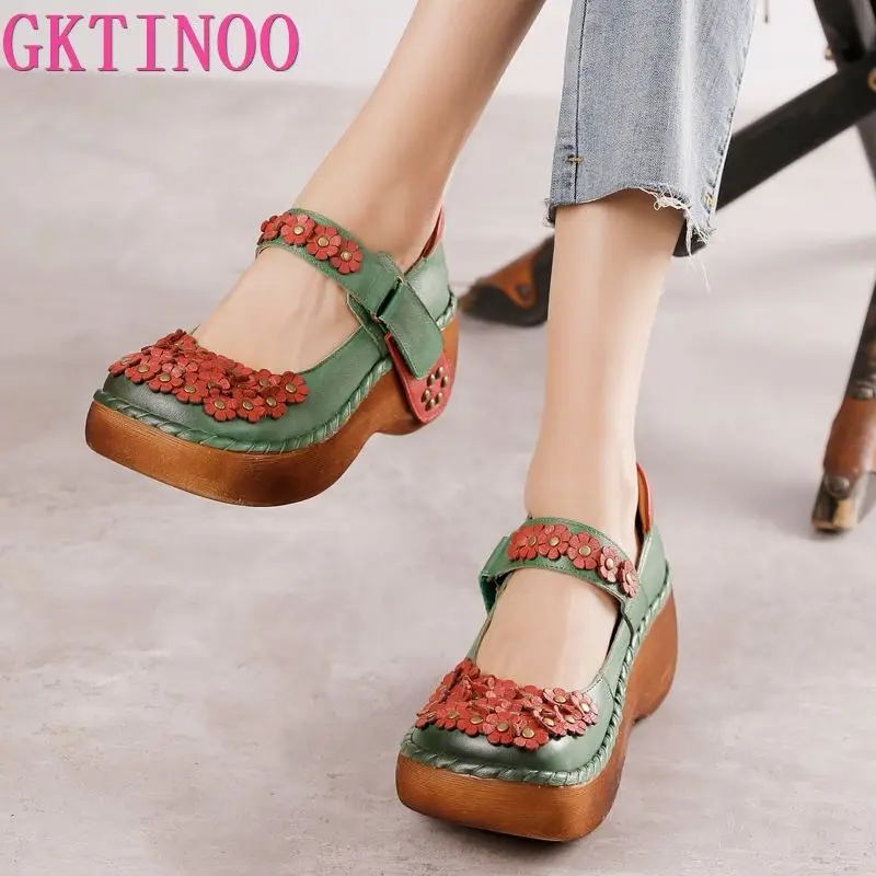 GKTINOO Retro Pumps Women Shoes Genuine Leather Hook & Loop 2024 New Spring Round Toe Floral Handmade Concise Platform Shoes