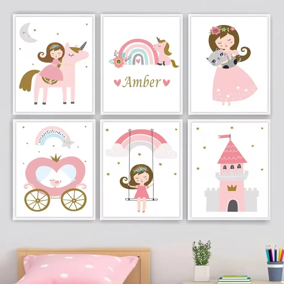 Pink Princess Castle UnicornCat Rainbow Moon Wall Art Canvas Painting Nordic Posters and Prints MuralsChildren's Room Decoration