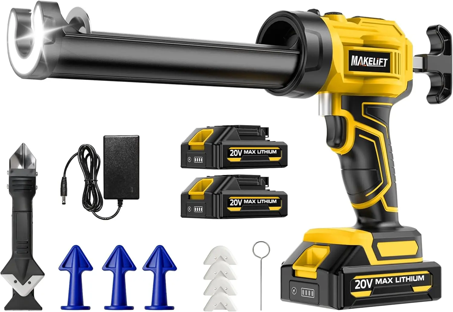 

Электрический пистолет для герметика, 10 унций, беспроводной, 4 скорости, LED-подсветка, автоматическое втягивание и 9 насадок для заполнения и герметизации