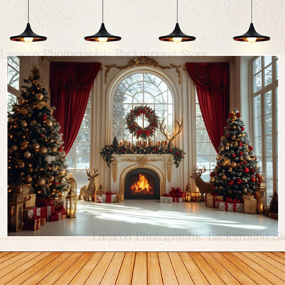 Red Christmas Fireplace Background Photography Wreath Red Christmas Tree Bells Gifts Winter Family Portrait Photo Booth Backdrop