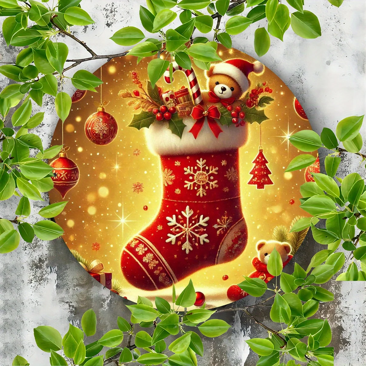 Festive 8x8 Inch Round Metal Sign: Christmas Stocking Wall Decoration - Suitable for Bedroom, Office, Living Room, Cafe, Bar, an