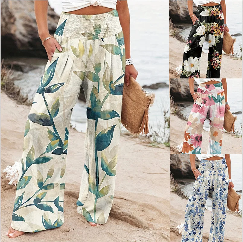 New European and American spring and summer casual wide-leg pants, printed loose-fitting long pants for women, suitable for all
