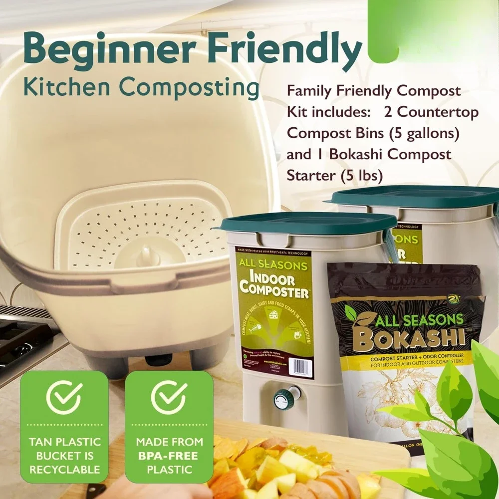 All Seasons Indoor Composter Starter Kit Two Family-Sized Composting Bins for Kitchen Countertop and Bran Compost Starter