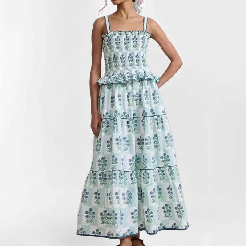 

TOY-2025Spring New Women's Fashion Elegant Plant Print Ruffle Dress
