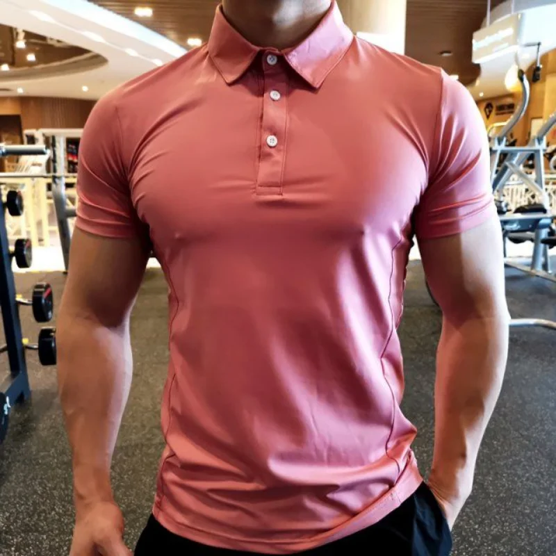 Summer Sport Polo Shirt Men Lapel Short Sleeve Tights Quick Dry Fitness T-shirt Elasticity Breathable Personal Trainer Work Wear