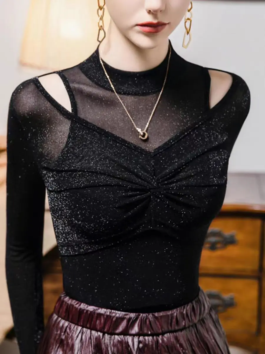 Spring Autumn T-Shirts Girl Hollow Out Long Sleeve Stand Neck Folds Tee Tshirt Lady Black Mesh Tops