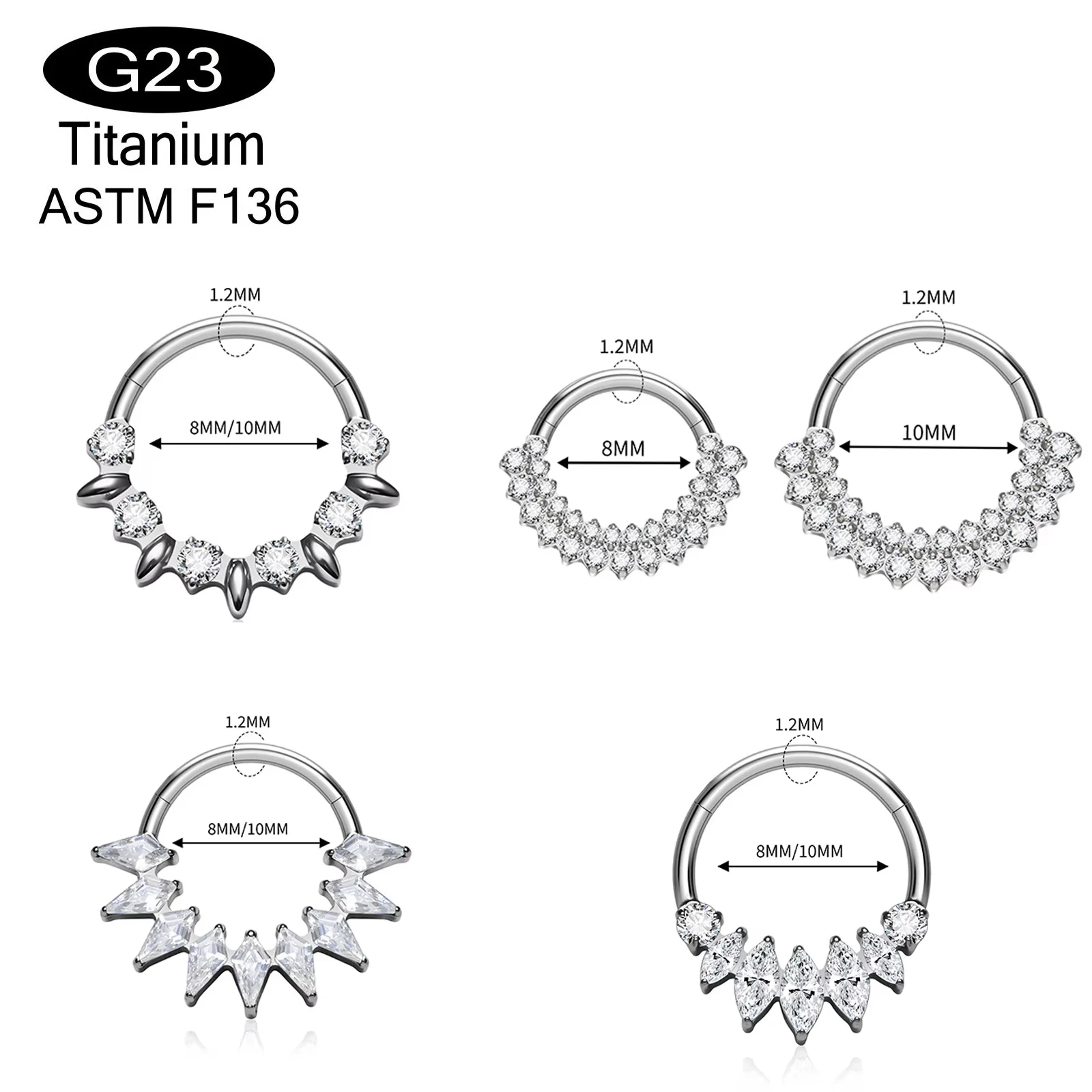ASTM F136 G23 Titanium Septum Clicker Ring Inlaid CZ Crystal Hinged Segment Nose Helix Daith Cartilage Jewelry Body Piercing
