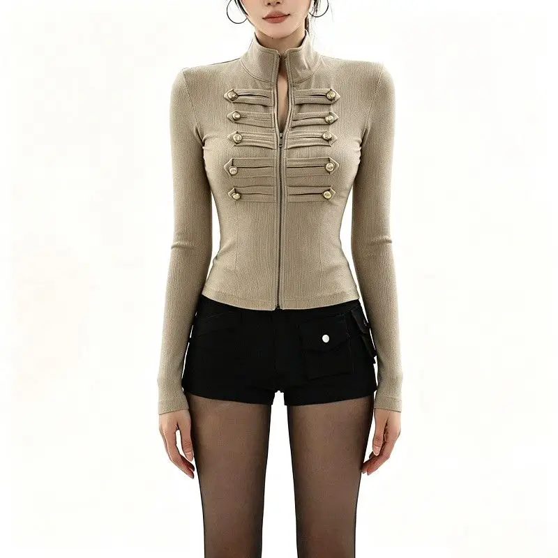 American Retro Stand-up Collar Long-sleeved Top Women's Buckle Slim-fitting Zipper Bottoming T Shirt
