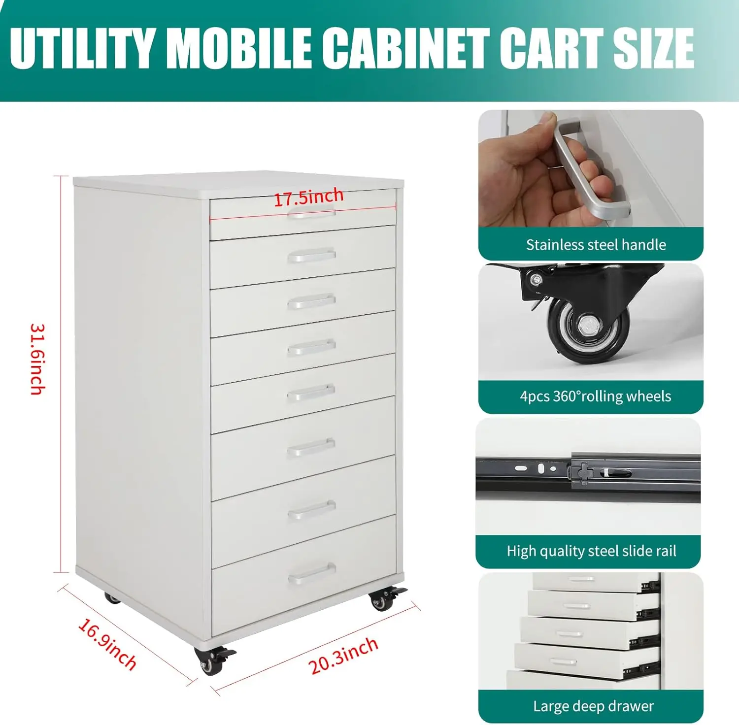 Armoire mobile pour assistant dentaire, Alabama, chariot utilitaire, 7 MELWith Handle, facile à nerver et à repousser Blanc