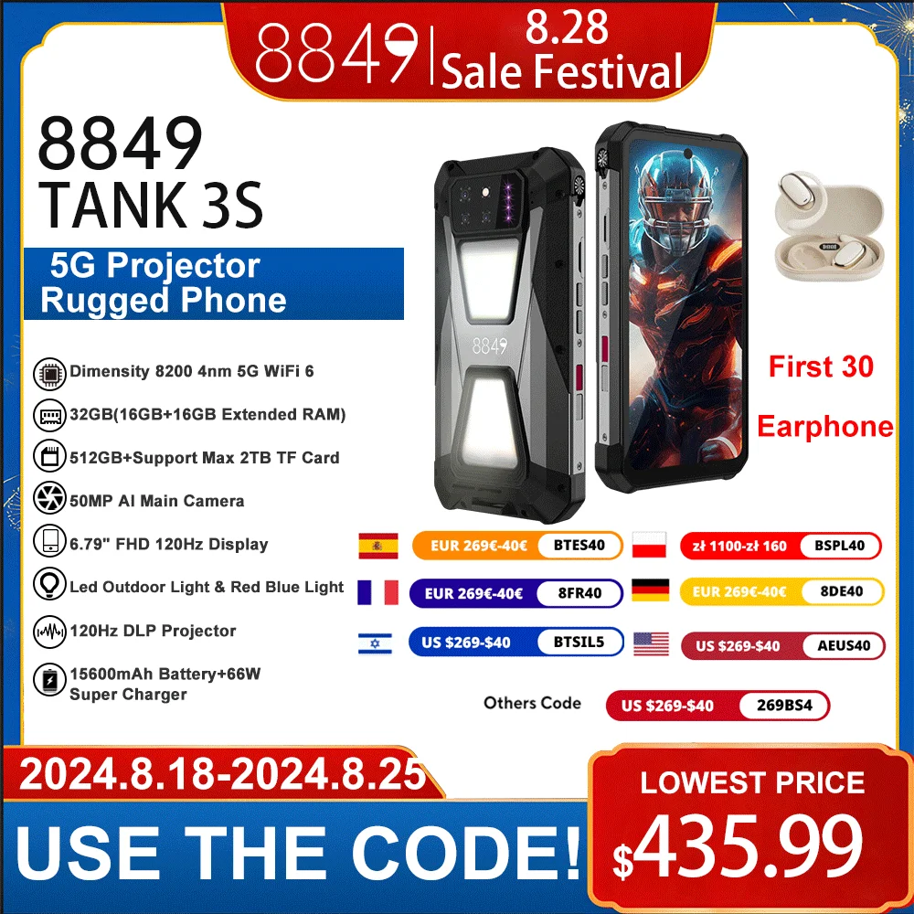 

8849 Tank 3S Unihertz Rugged Smartphone with Projector 5G 12/16GB RAM 256/512GB ROM Dimensity 8200 64MP Night Vision Phone