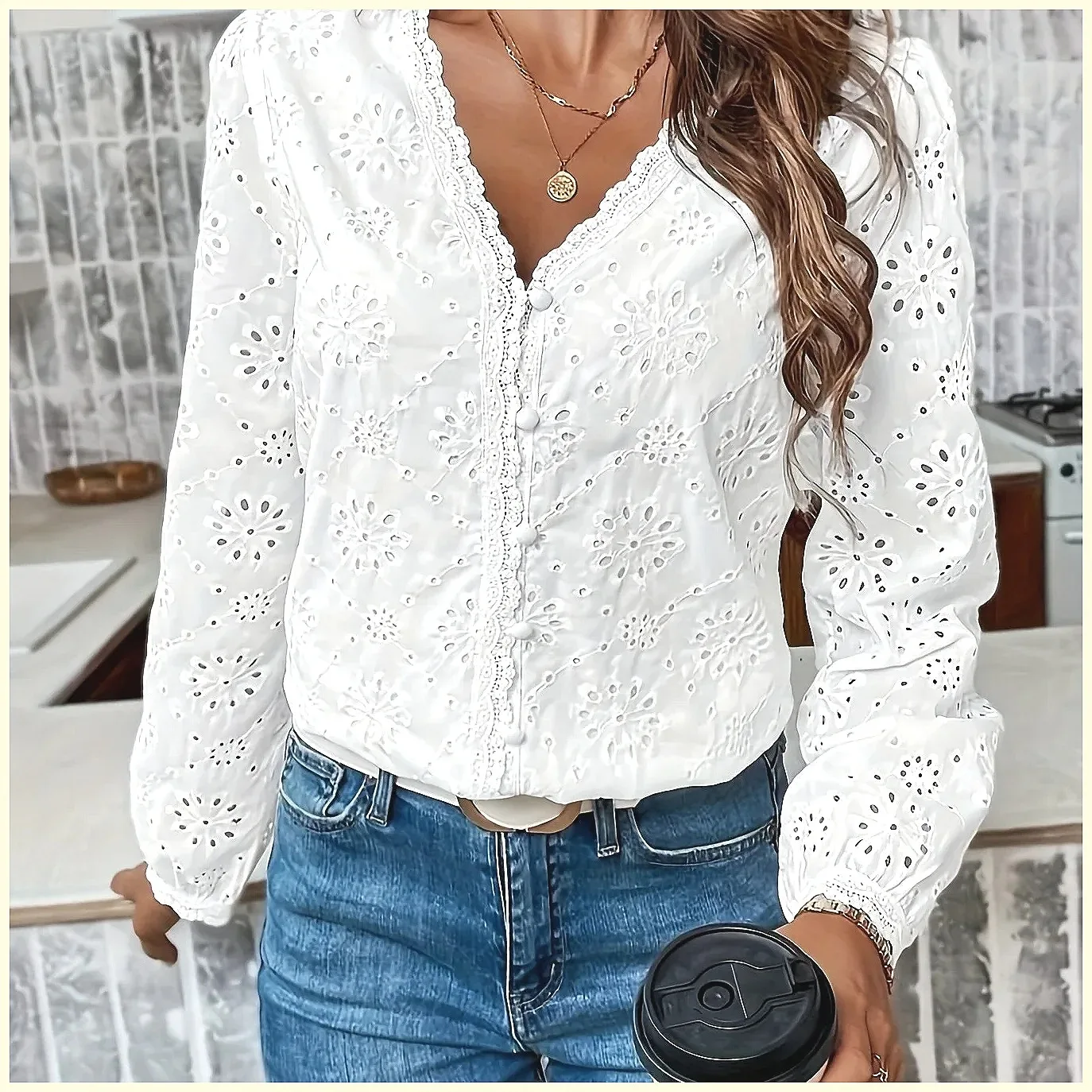 

Elegant White V-Neck Lace Blouse for Women 2025, Office Casual Long Sleeve Button Up Top